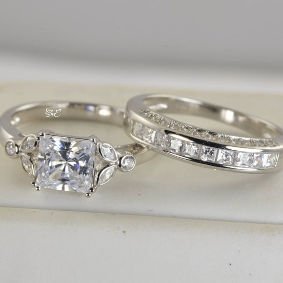 NEW 925 STERLING SILVER ENGAGEMENT RING WEDDING RING DIAMOND SET - Picture 1 of 6